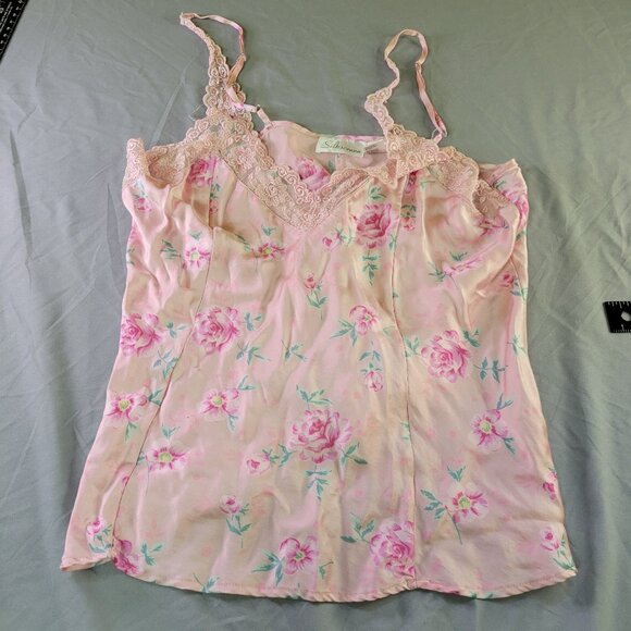 Silkscreen Pink Floral 100% Silk Cami with Lace Size Large Y2K Style - Picture 1 of 6